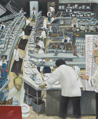 Painting depicting Chef Tetsuya Wakuda and staff working in kitchen