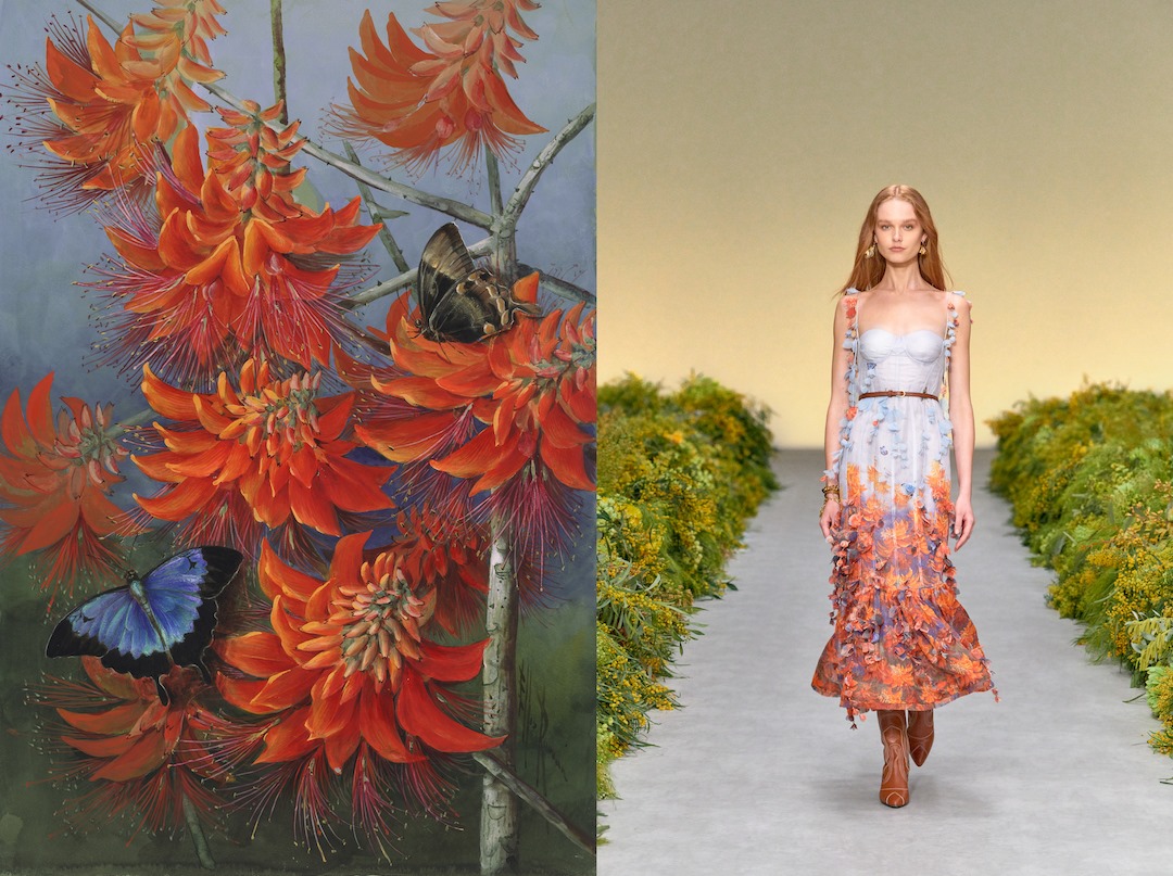 An Ellis Rowan floral artwork with butterflies next to an image of a model on the runway wearing a dress inspired by the artwork.
