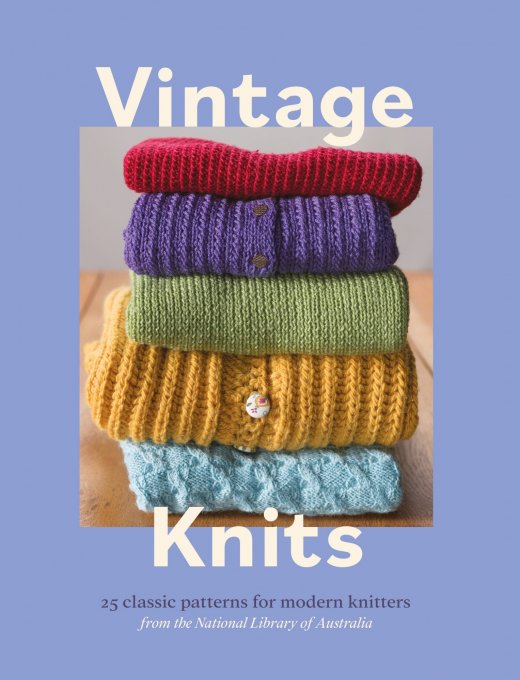 Vintage Knits book cover shows a stack of coloured knitted cardigan on a pale blue background.
