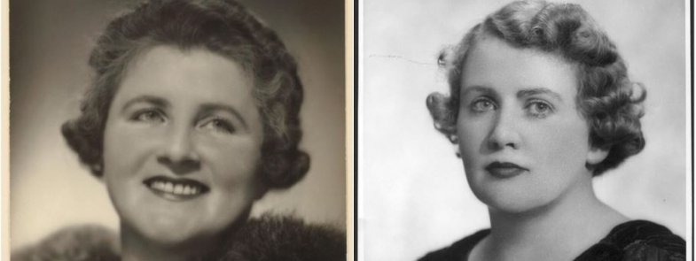 Two portrait photographs side by side. The one on the left is a sepia toned image of a woman with a 1950s hairstyle and a fur around her neck The one on the right is a black and white image of a woman with a 1950 hairstyle wearing a dark velvet-looking dress.