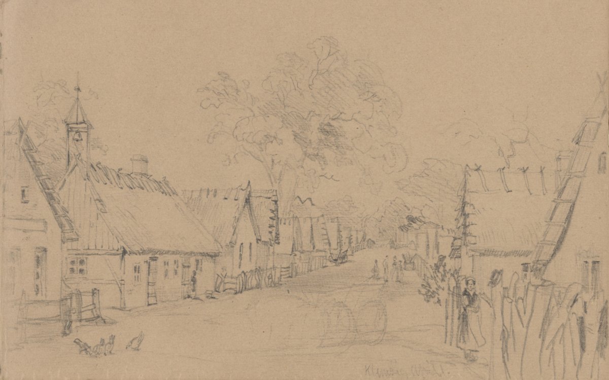 Light pencil sketch of village buildings
