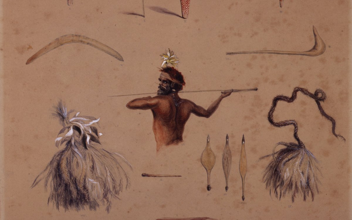Watercolour representation of weapons and implements on brown paper