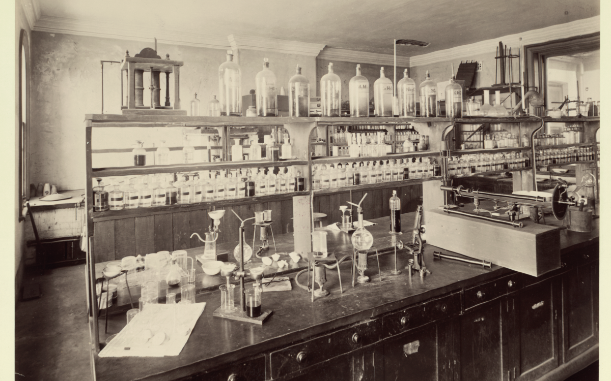 Sepia photograph of chemistry equipment