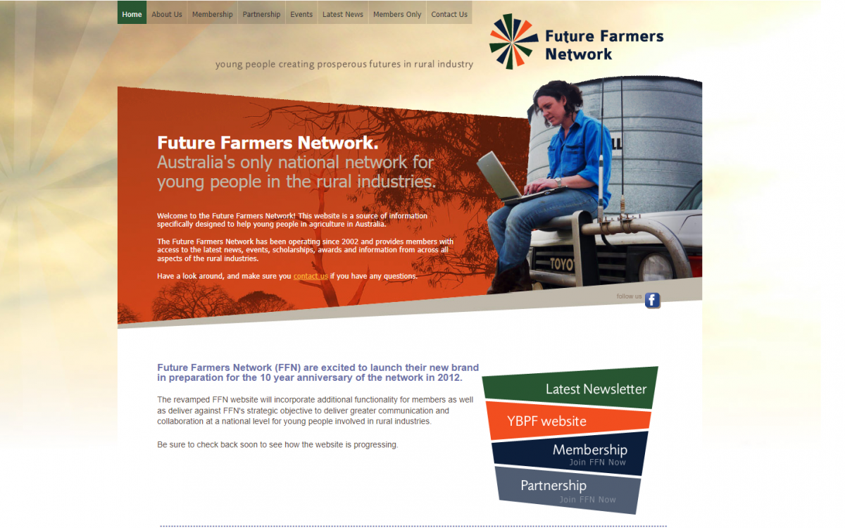 Screenshot of the Future Farmers Network website featuring a woman sitting on the front of a 4 wheel drive vehicle using her laptop with a grain silo in the background.