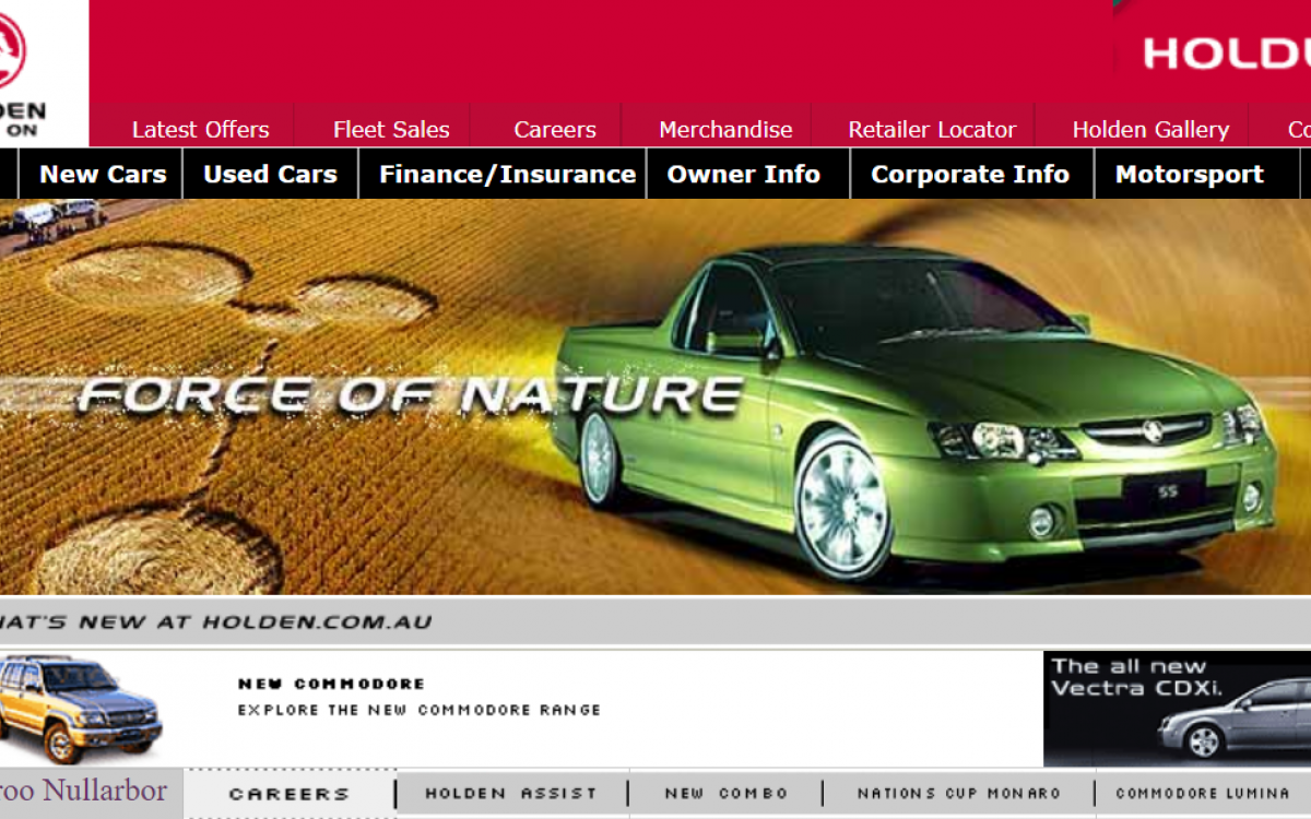 Screenshot from the Holden automotive website featuring an image of a green pick-up vehicle against the backdrop of a cornfield.