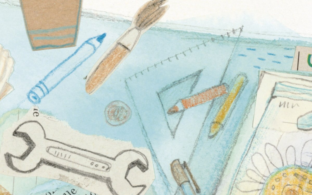 A colour illustration showing pencils, a wrench, a paintbrush and other drawing tools on a table
