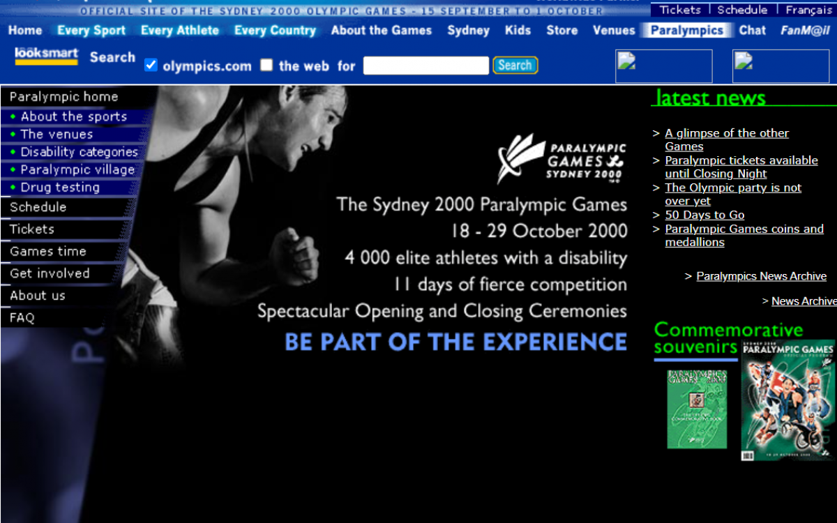 Screenshot from the Sydney 2000 Olympics official website featuring a black and white image of a Paralympic athlete.