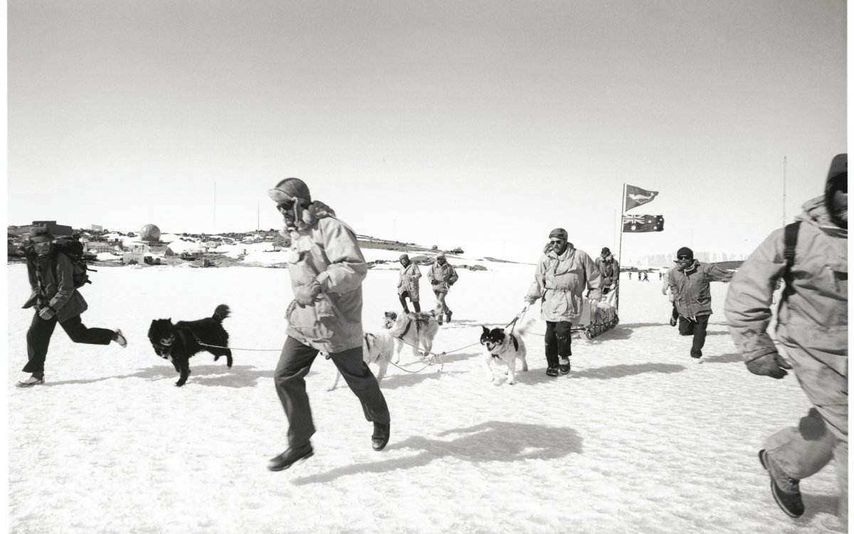A group of people and dogs in thick snow gear run through the snow