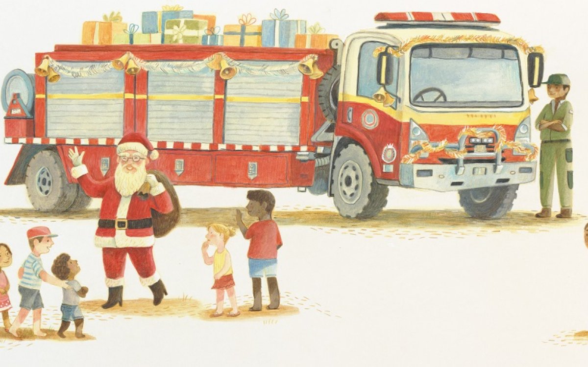 An illustration of a fire truck loaded up with presents and decorated with tinsel. Santa is standing next to the fire truck, carrying a sack. He is greeting several children and adults.