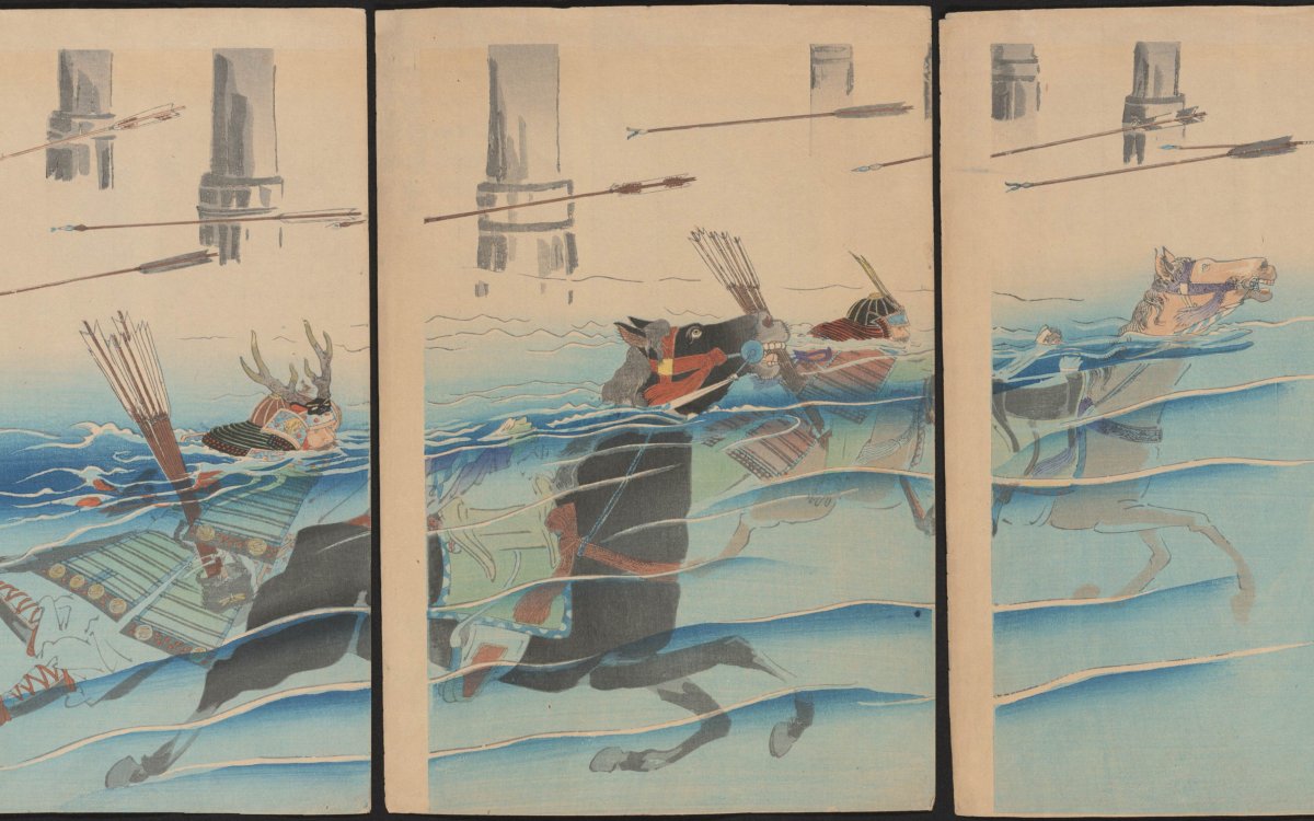 The print depicts two warriors in armor, advancing in the water on hoarses, during a battle