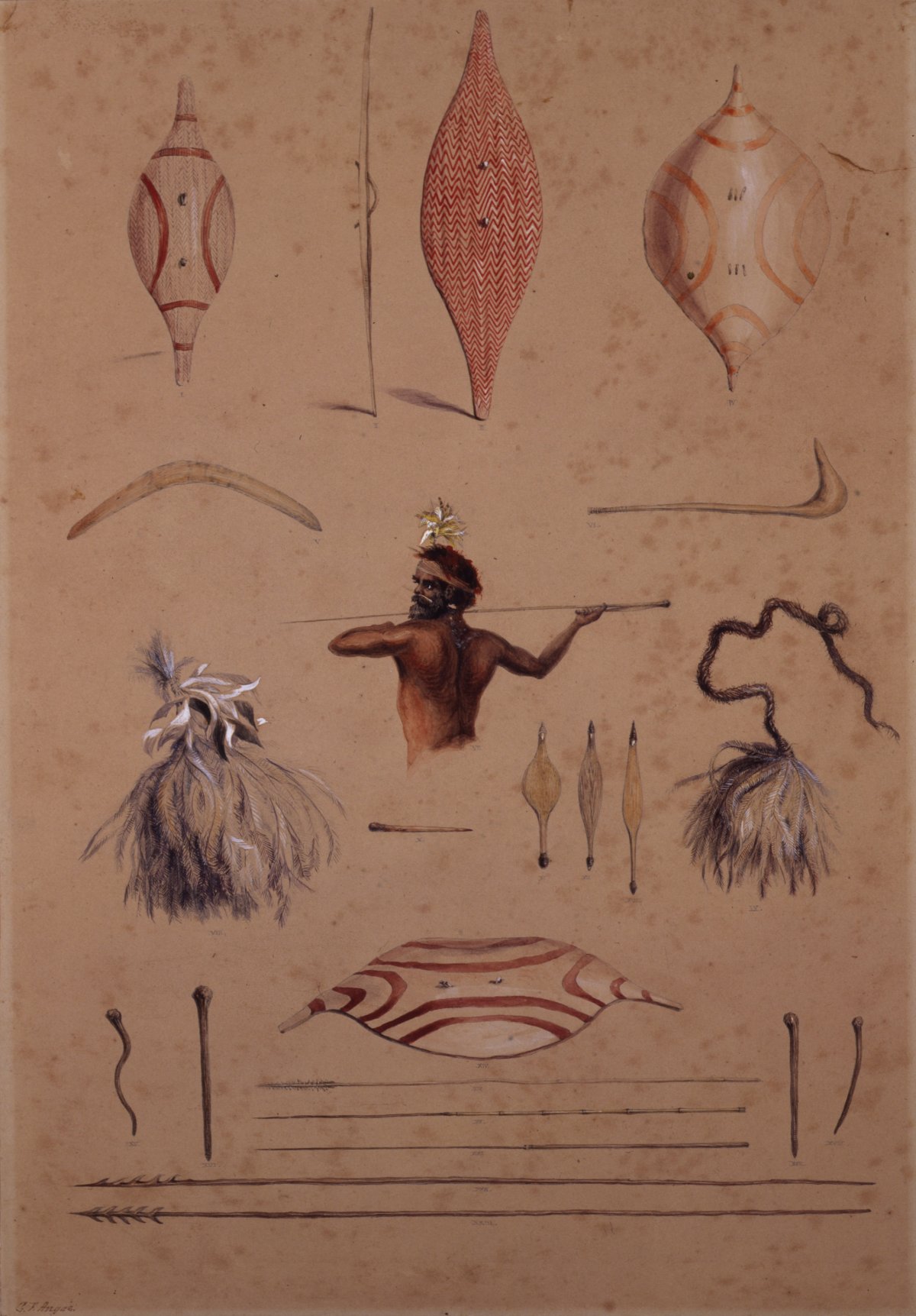 Watercolour representation of weapons and implements