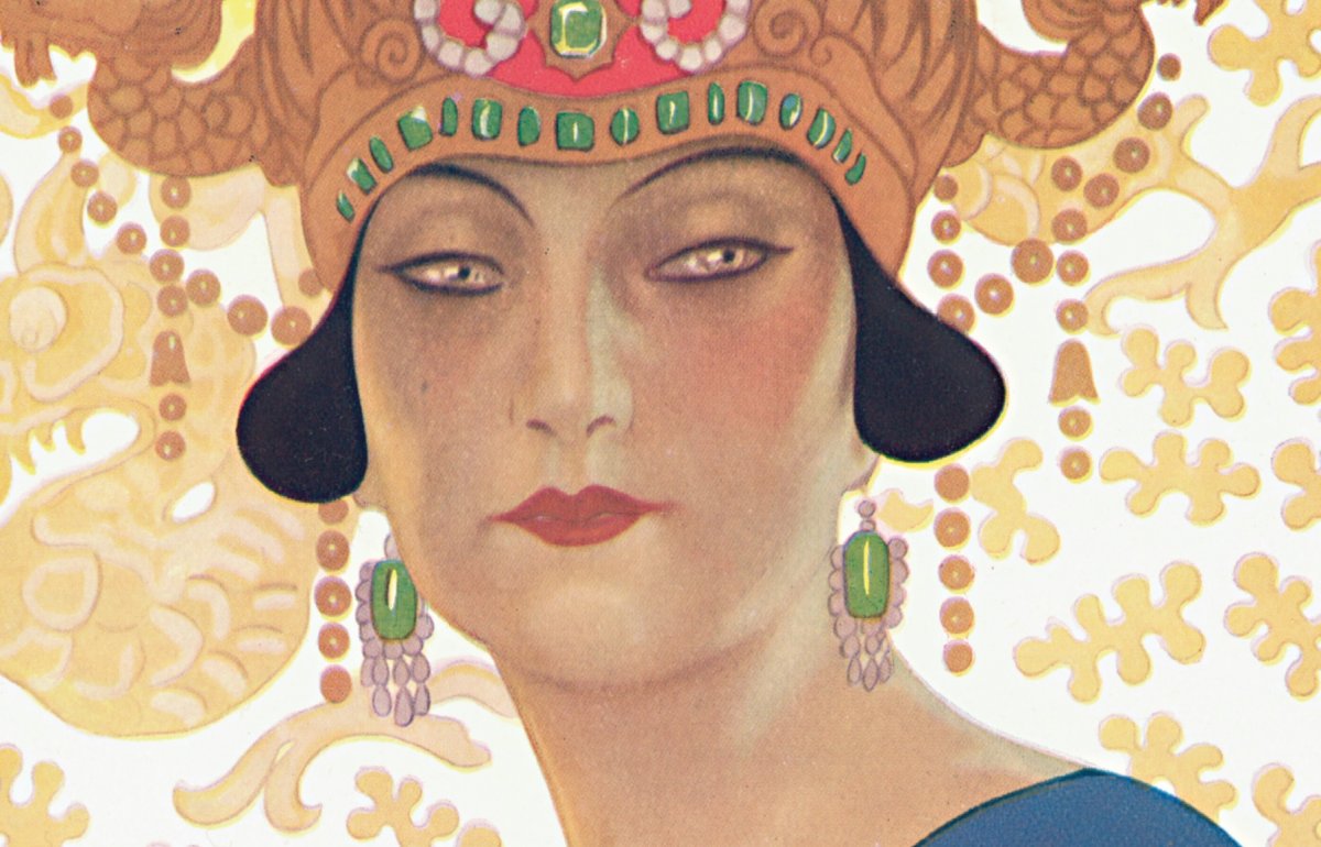 Colour print of the neck head of a woman wearing an elaborate gold headdress with green stones inlaid.