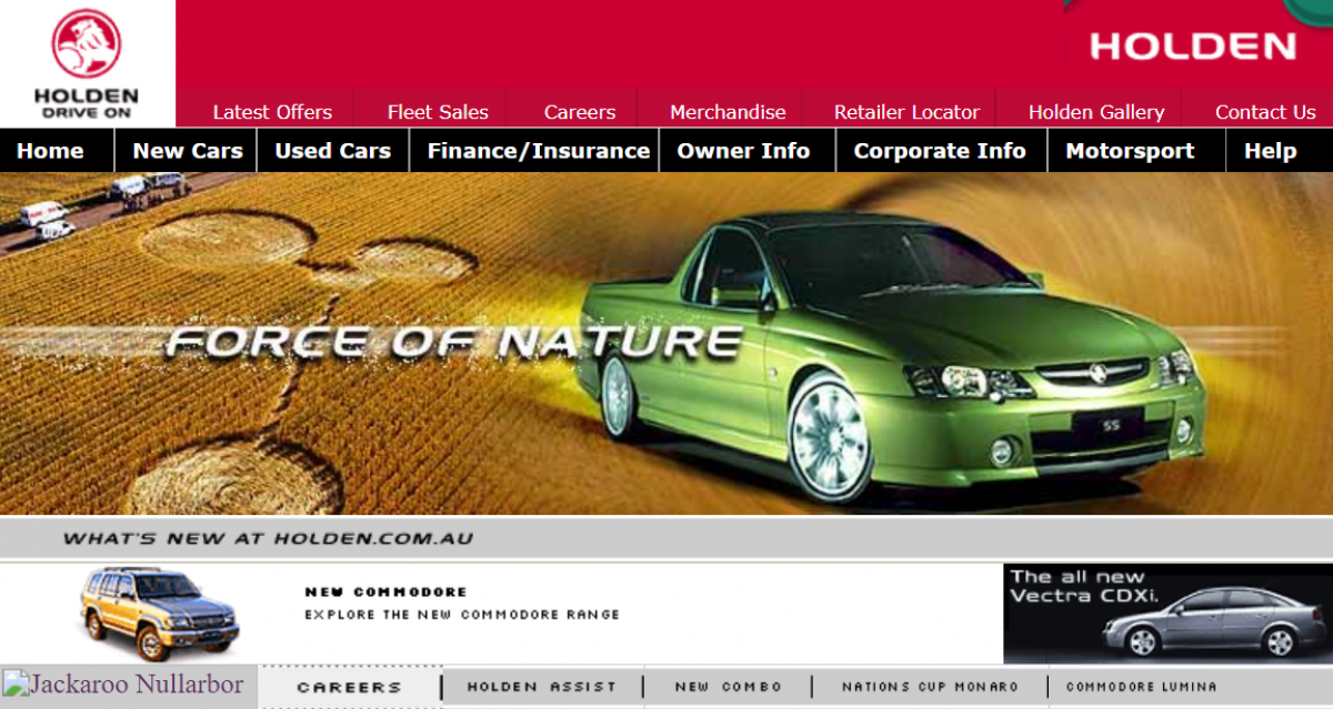 Screenshot from the Holden automotive website featuring an image of a green pick-up vehicle against the backdrop of a cornfield.