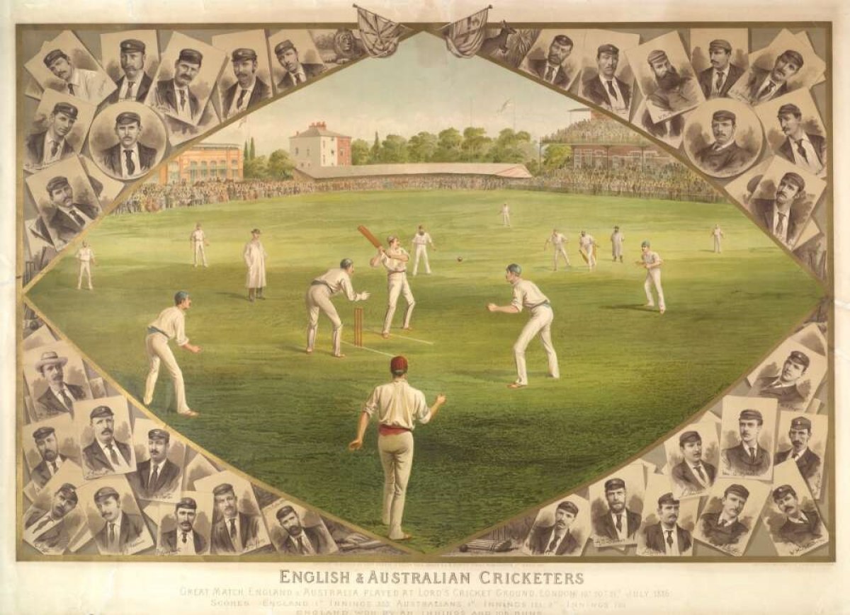 A painting of cricketers on an oval playing cricket.