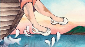 colourful illustration of feet in white shoes dangling off the edge of a boat over water