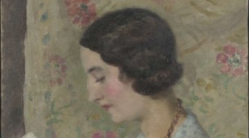 Oil painting of a brunette woman in side profile, reading from a book in her hand