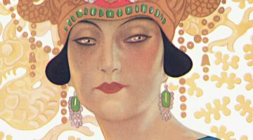 Colour print of the neck head of a woman wearing an elaborate gold headdress with green stones inlaid.