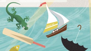 An illustration of a lizard, a boat, an umbrella, a cricket bat and a fish on a blue and cream background