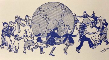 A blue ink drawing of children with linked hands skipping around a large globe