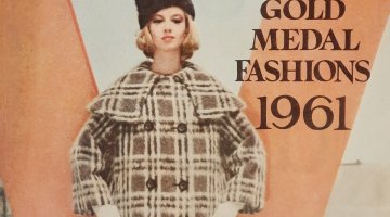An image of a woman in a wool coat and hat standing next to some text that reads 'Gold Medal Fashions 1961'