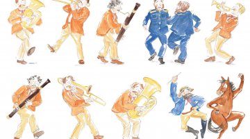 Illustrations of people and a horse playing instruments and dancing