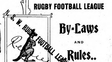 A black and white printed pamphlet with an image of a kangaroo and text that reads 'New South Wales Rugby Football League By Laws and Rules'