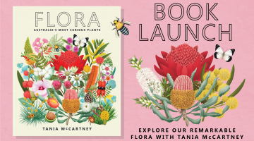 On a pink background is the image of the front cover of the book 'Flora: Australia's Most Curious Plants' and text that reads 'Book launch. Explore our remarkable flora with Tania McCartney.'