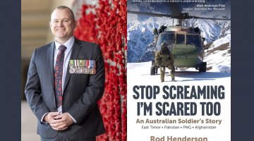 A headshot of author Rod Henderson and a cover of his book 'Stop Screaming I'm Scared Too: An Australian Soldier's Story'.