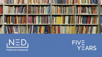 Photo of rows of shelves filled with colourful books above a blue rectangle with white text reading 'Five Years' on the right and the National edeposit (NED) logo on the right