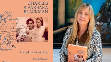 The left hand side of the image is the front cover of the book 'Charles & Barbara Blackman: A Decade of Art and Love'. The right hand side of the image is a portrait photograph of a woman with long hair holding a book.