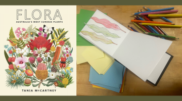 The book cover of 'Flora' by Tania McCartney and a sketchbook with colouring pencils.