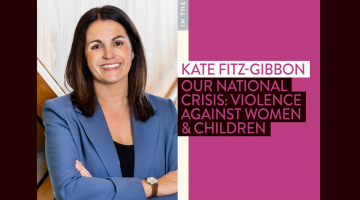 A headshot of author Kate Fitz-Gibbon and her book on domestic violence.