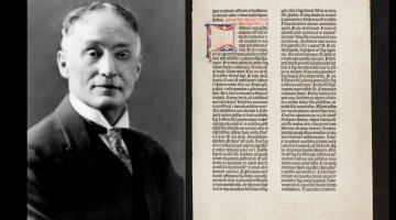 An old black and white photograph of a man next to a page from an old illuminated text.