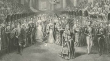 Painting of Queen Victoria arriving at the House of Lords to open the first parliament of her reign