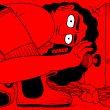 Red and black cartoon image of a large person contorting themselves to fit in a small room