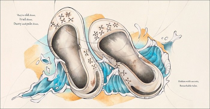 An illustration of big white shoes over a choppy sea