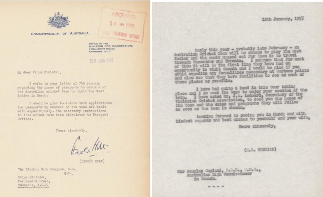 Left: A letter typed on yellowed paper bearing the Commonwealth of Australia seal. Right: A black and white reproduction of a letter signed by the Australian High Commissioner in Canada.