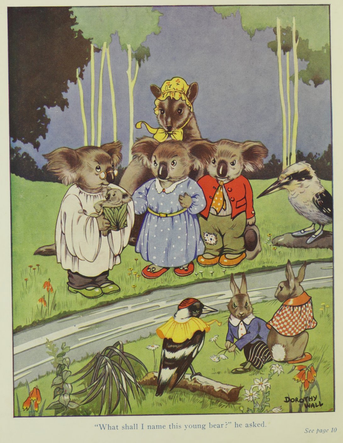 Illustration from a children's book shows a group of koalas dressed in clothing stood near a river. One is holding a baby koala.