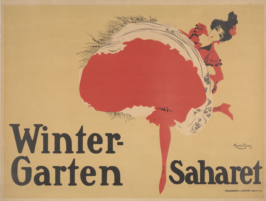 Illustration shows a dancer in red with one heel kicked up in the air. Text reads "Winter Garten - Saharet"