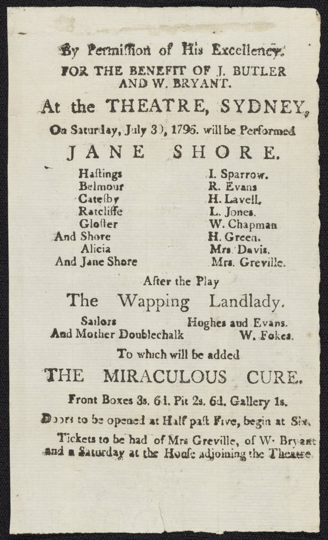 Copy of a printed playbill containing details for a performance of Jane Shore at the Sydney Theatre in 1796.