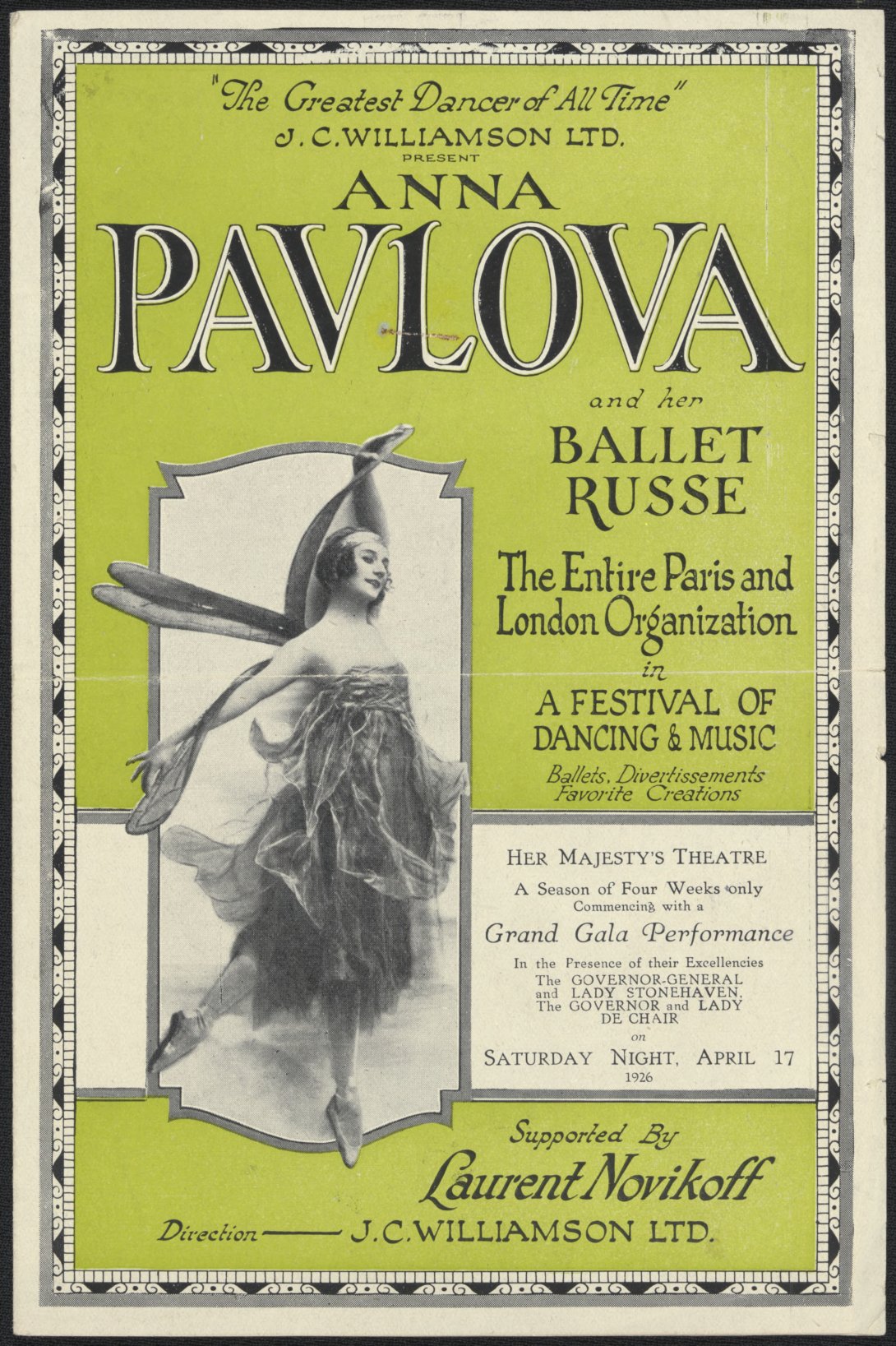 Poster for Anna Pavlova dancing with the Ballet Russe featuring black text on a lime green background