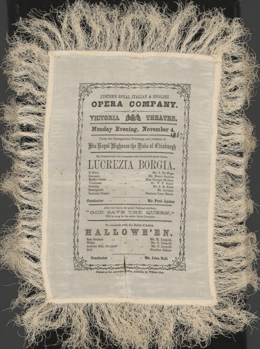A playbill for the opera is printed on silk with frayed edges.