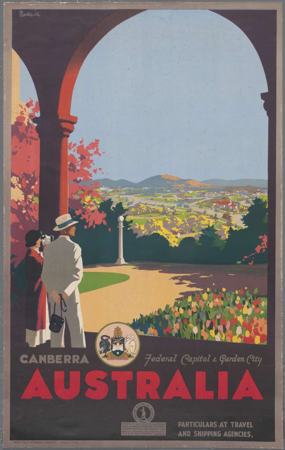 A poster depicts two people looking out over gardens; the text identifies the place as Canberra, Australia