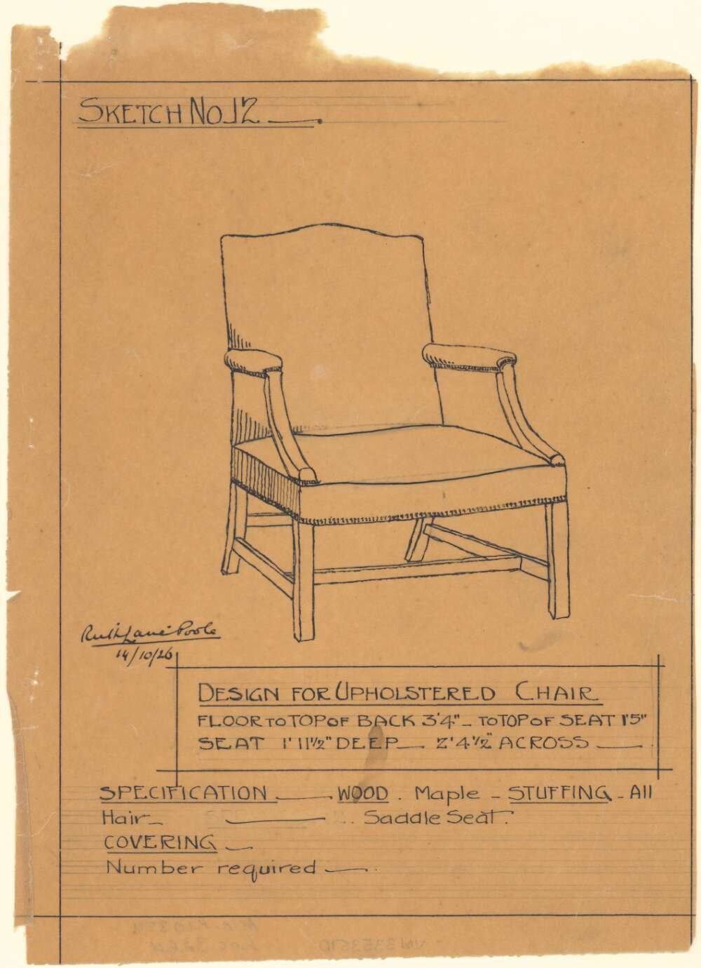 Sketch of a chair on brown paper with design specifications listed below