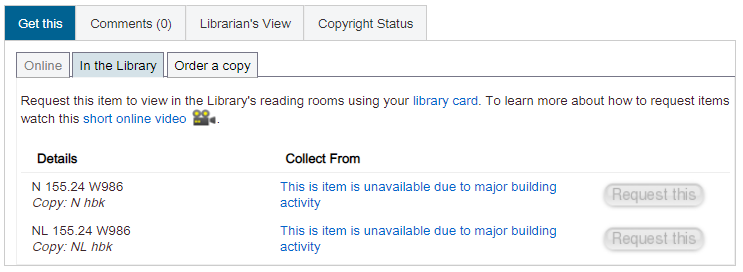 Screenshot of a library catalogue webpage showing an unavailable catalogue record
