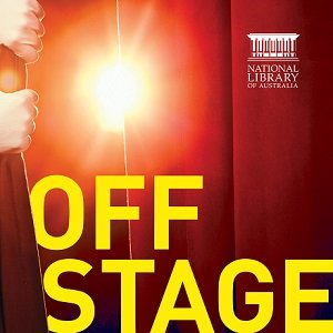 A hand pulls back a red curtain to reveal a bright stage light; text reads 'Off Stage'