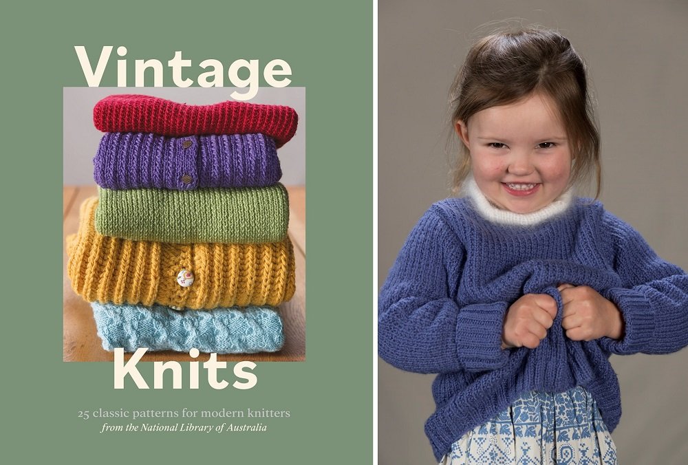 Vintage Knits book cover on the left and a child wearing a garment from the book on the right.