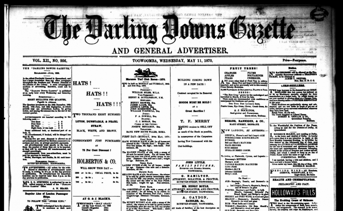 A page of the Darling Downs Gazette shows various regional advertisements
