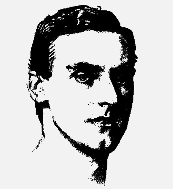 A black and white drawing of a man, with the right hand side of his face blacked out with shadow.