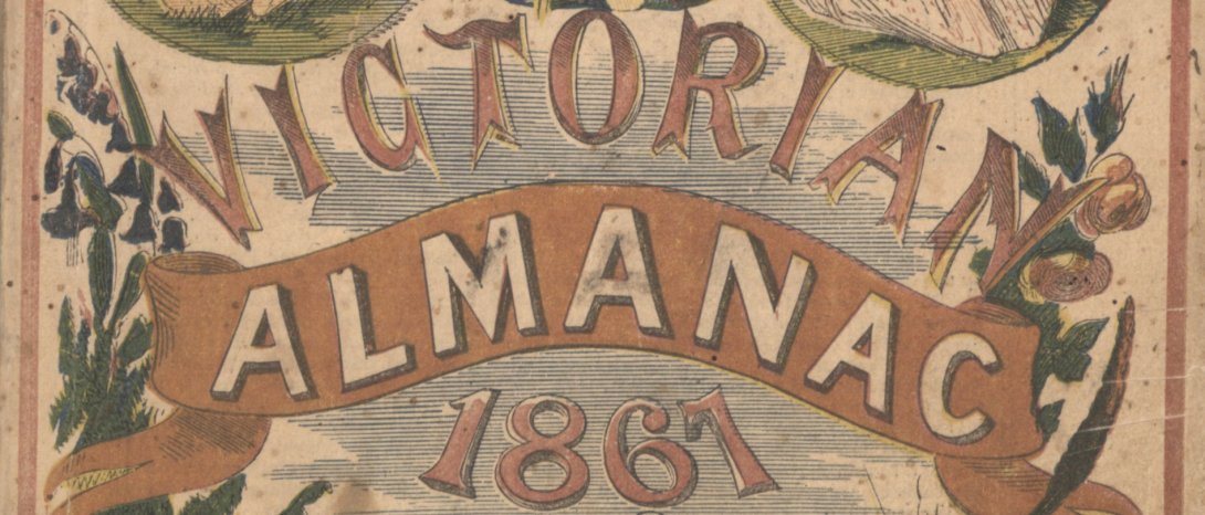Cropped image of a book title page showing text that reads 'Victorian Almanac 1867'
